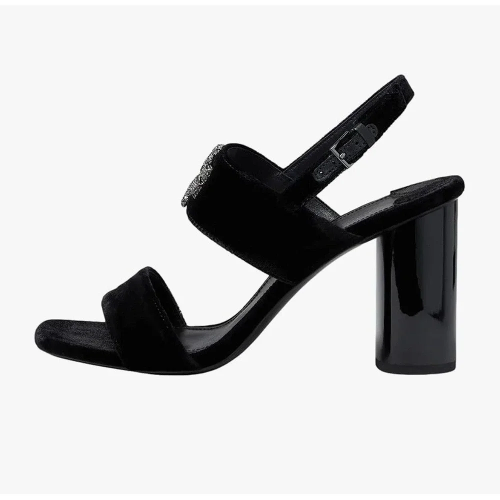 Tory Burch Eleanor Pave Heel Sandal in Black Velvet‎ Leather Rt-428$ Sz-9.5